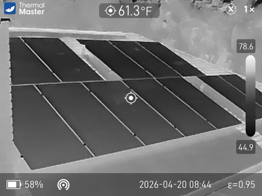 Thermal imaging scan of solar panels showing heat signatures